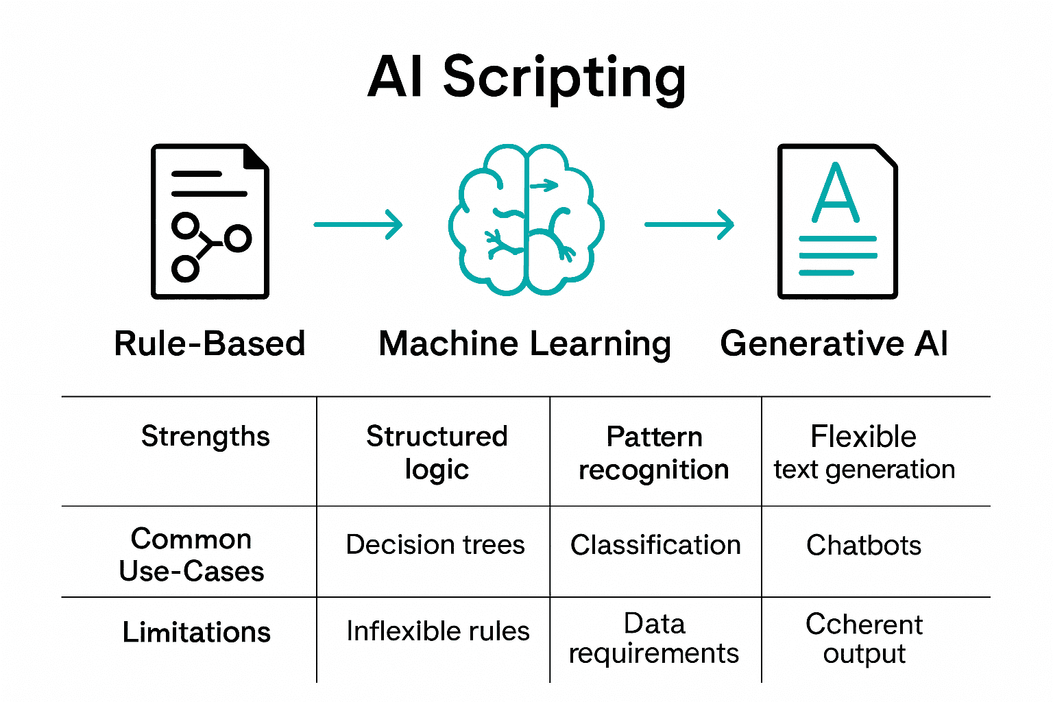 Infographic comparing AI scripting technologies: Rule-Based, Machine Learning, Generative AI.