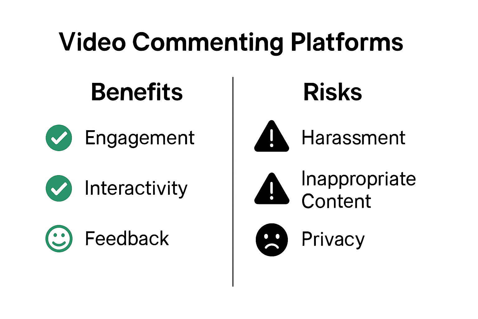 Infographic comparing video commenting benefits and risks with icons