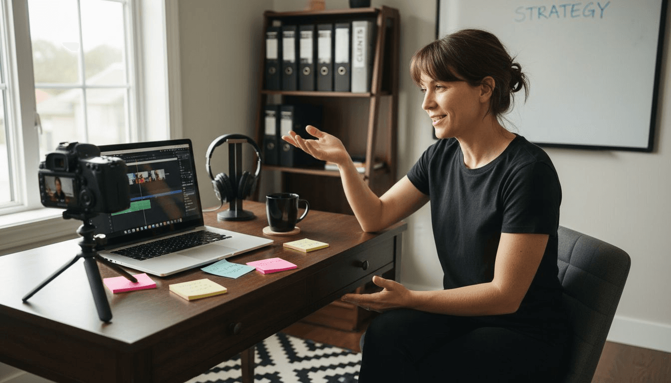 Freelancer filming video at home workspace