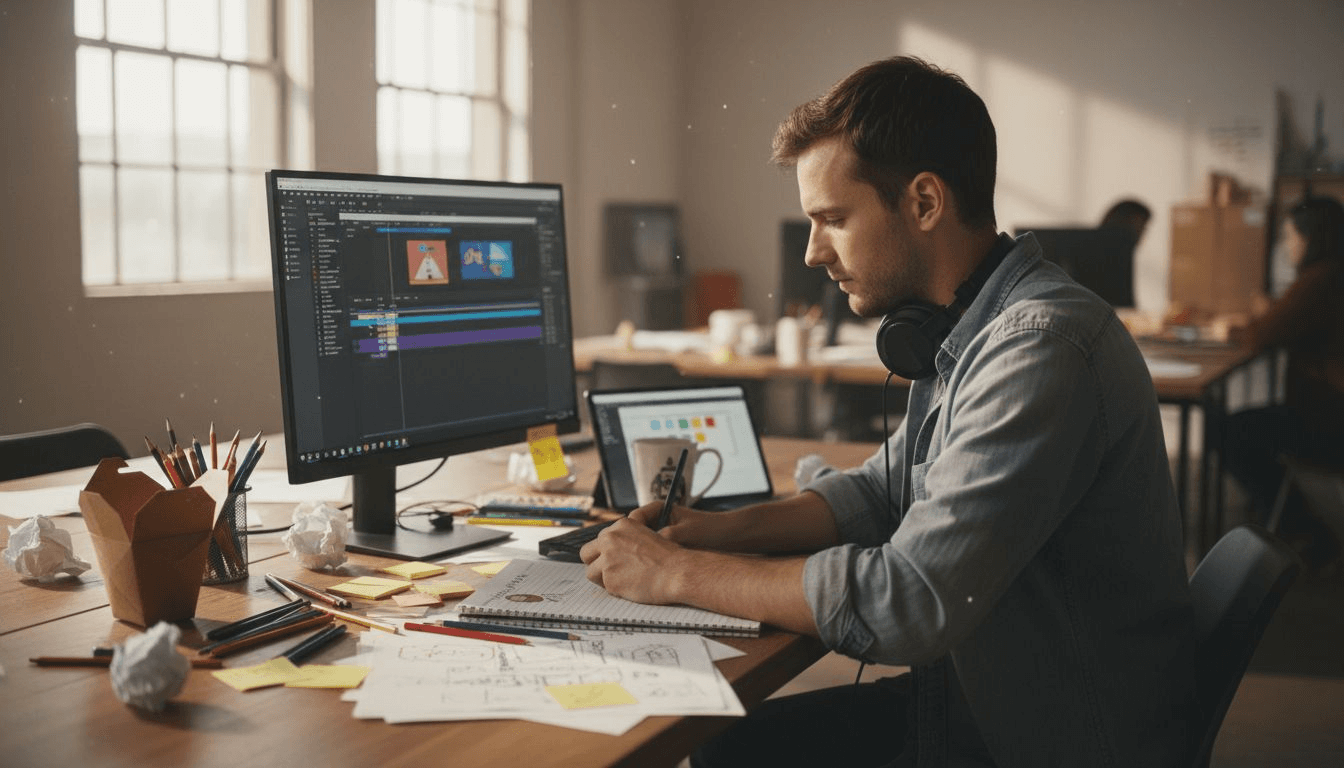 Animator editing explainer video at desk