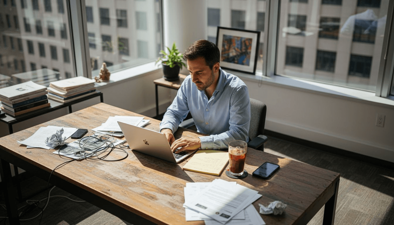 AI video scripting at office desk scene