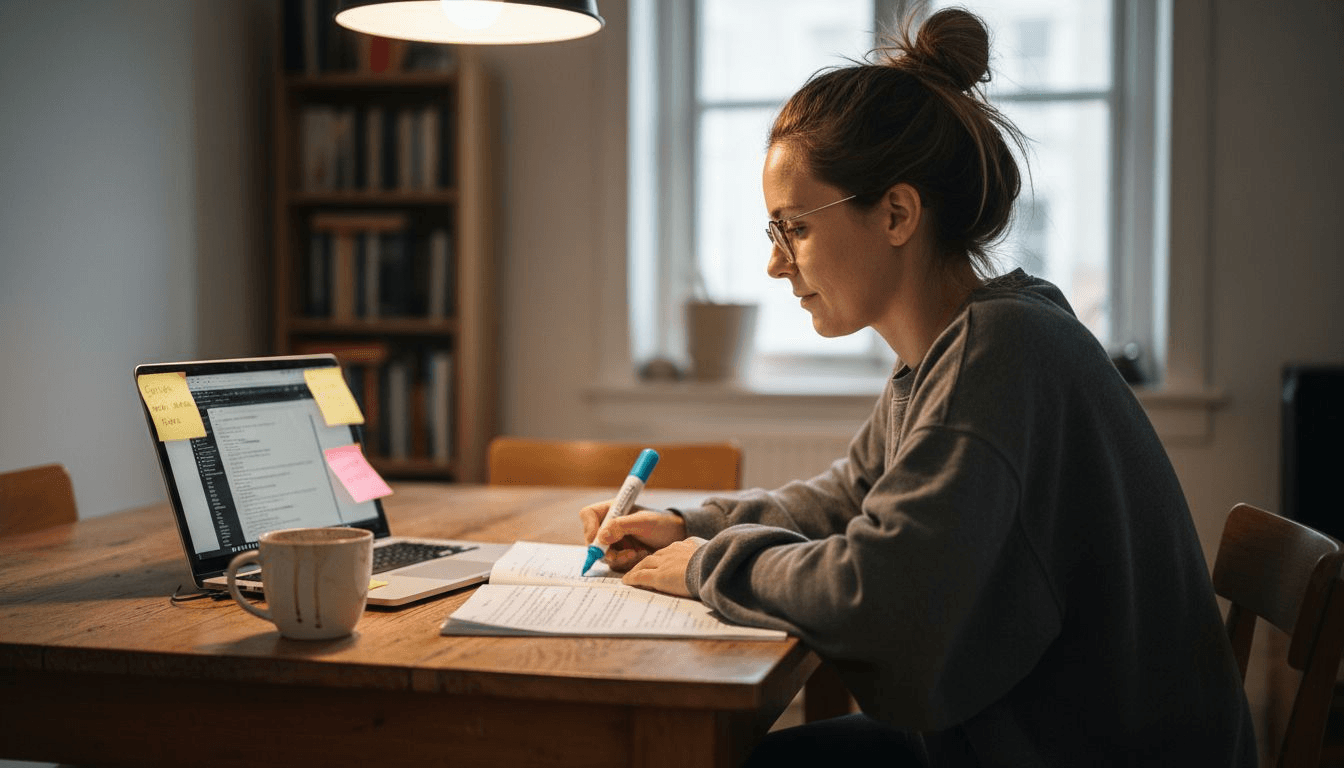 Writer editing video script at home table