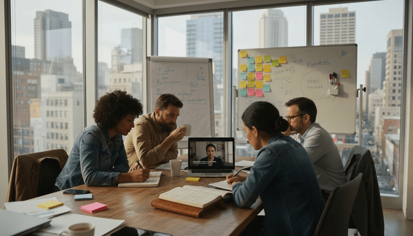 Team watching video feedback in office