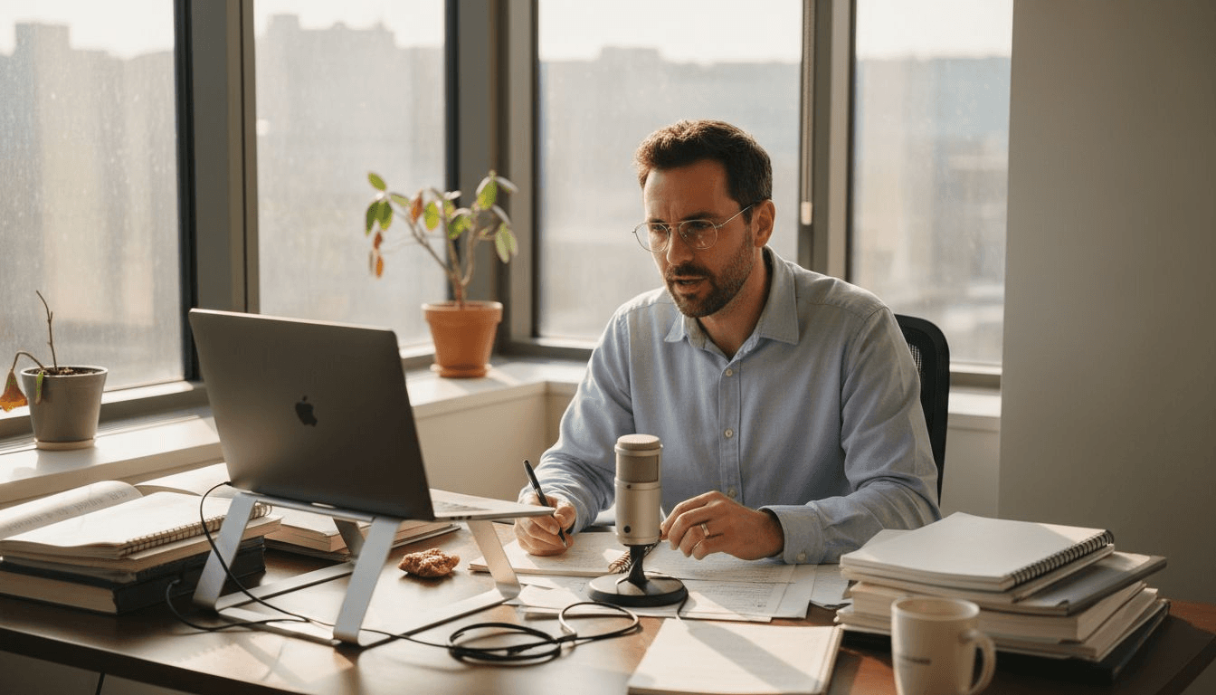 Man recording voice at bright corner desk