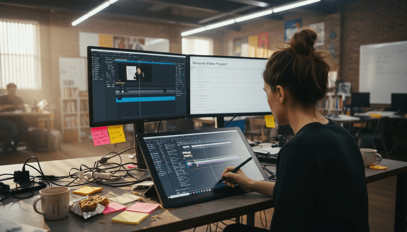 Woman editing voice-over video at desk