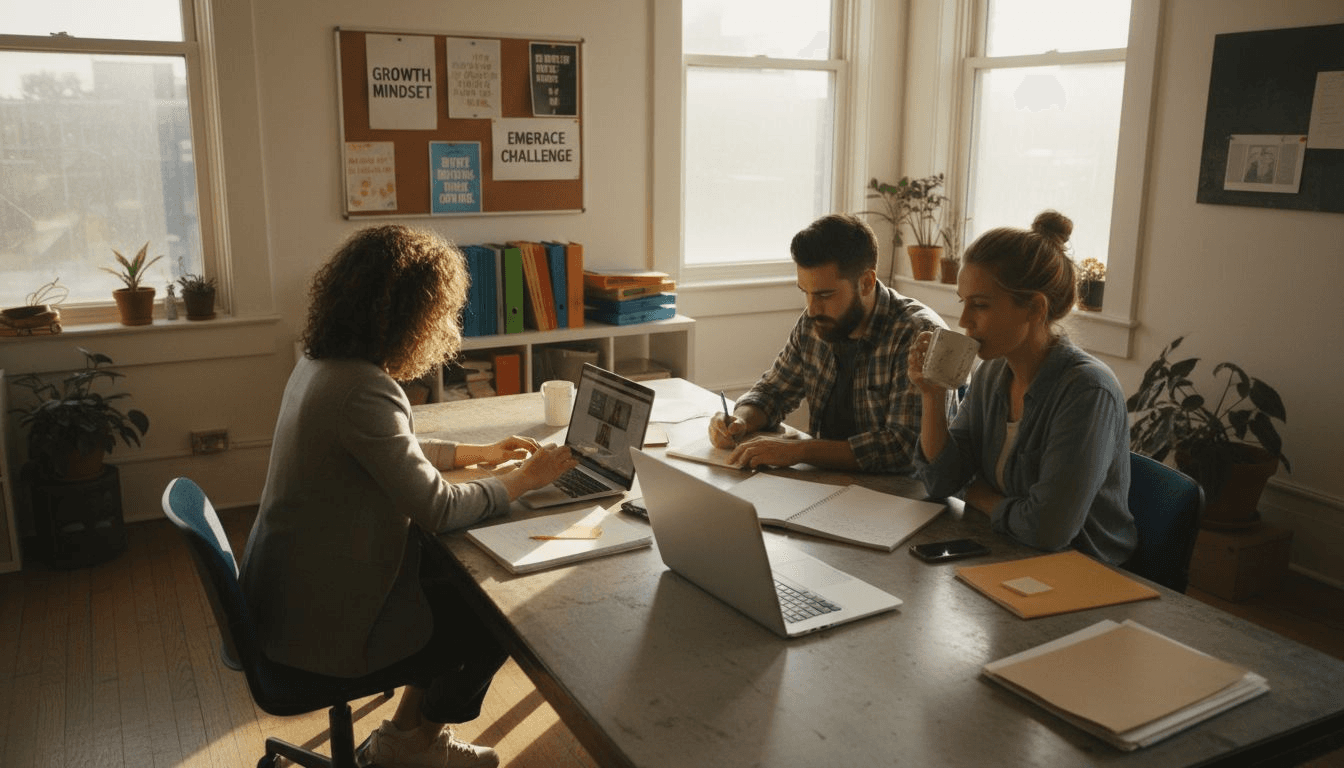 Team preparing video call in office
