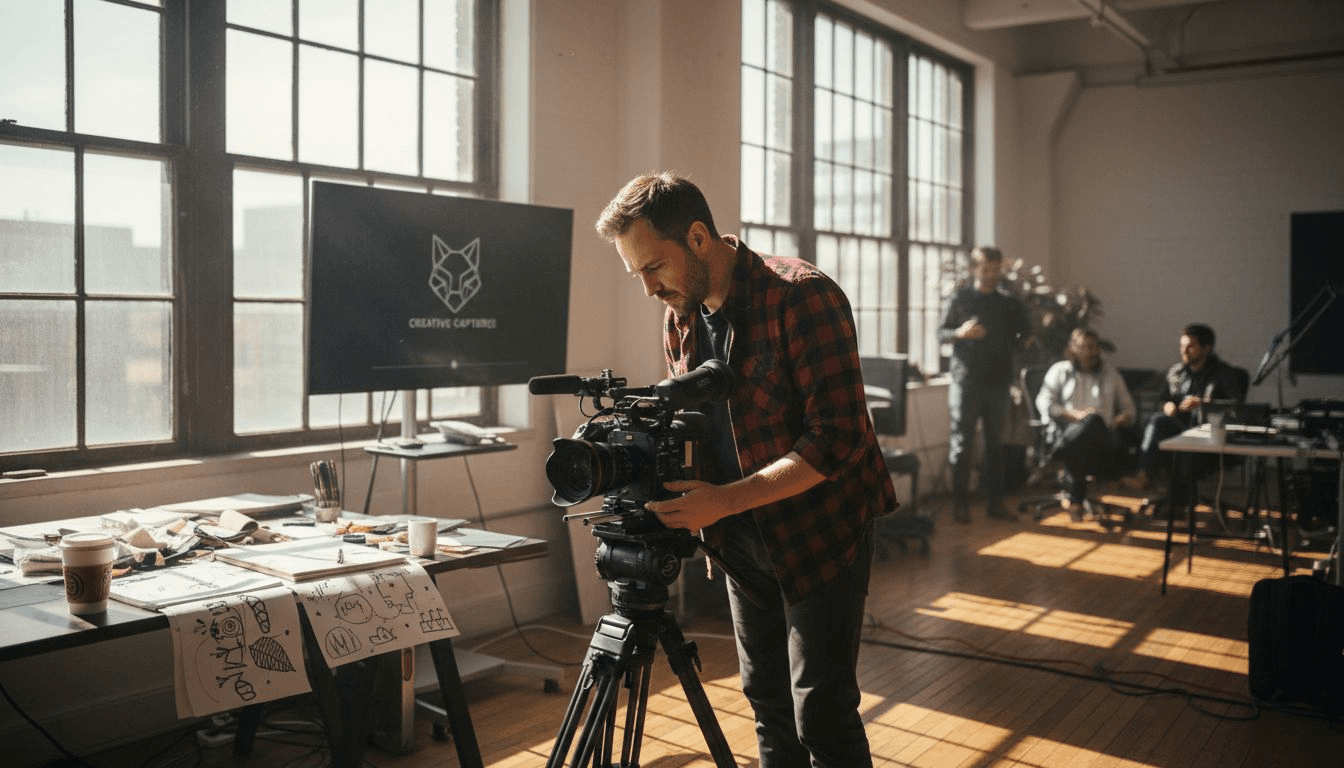 Producer adjusts camera in branding studio