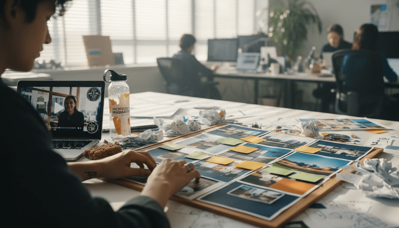 Designer arranging brand storyboard at desk