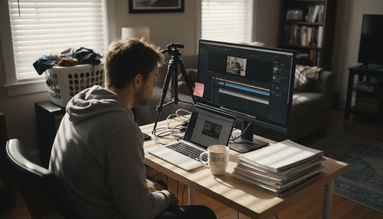 YouTube creator editing video in cluttered home studio