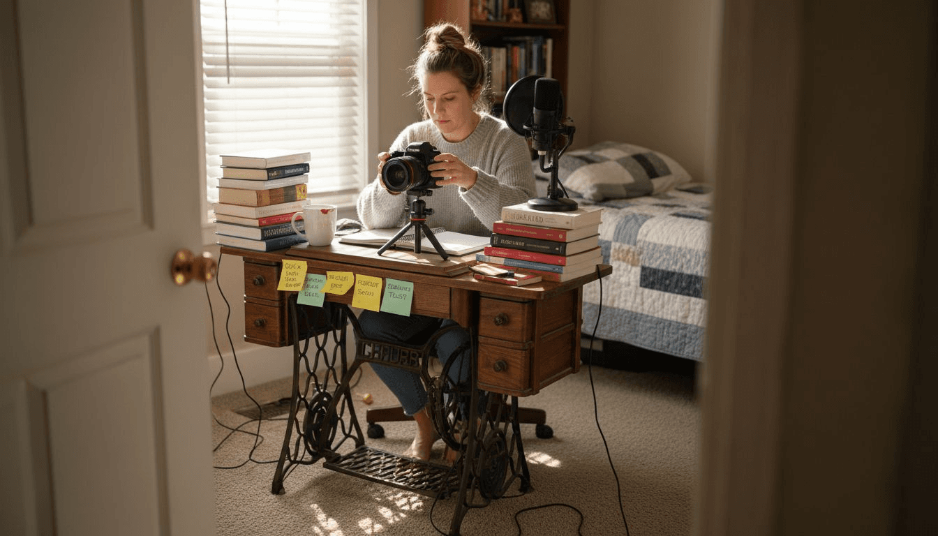 Person preparing home lesson video workspace