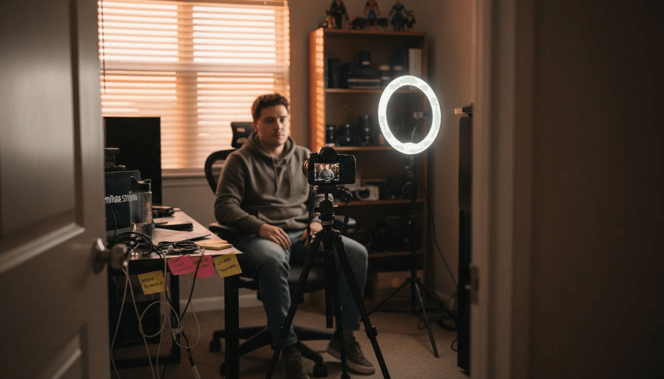YouTube creator filming in home studio setup