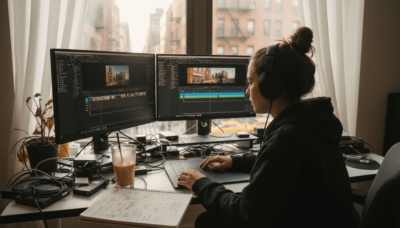 Video creator editing in casual urban workspace
