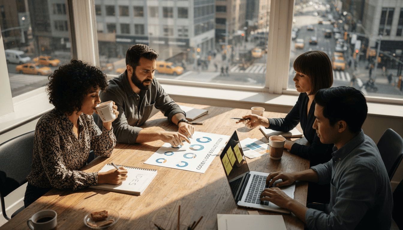 Branding team collaborates in bright corner office
