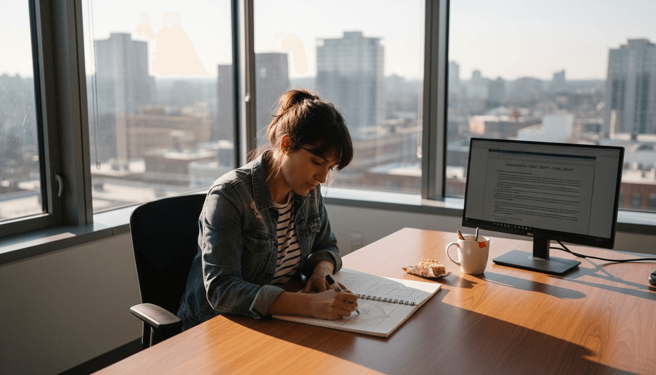 Woman scripting video in sunny corner office