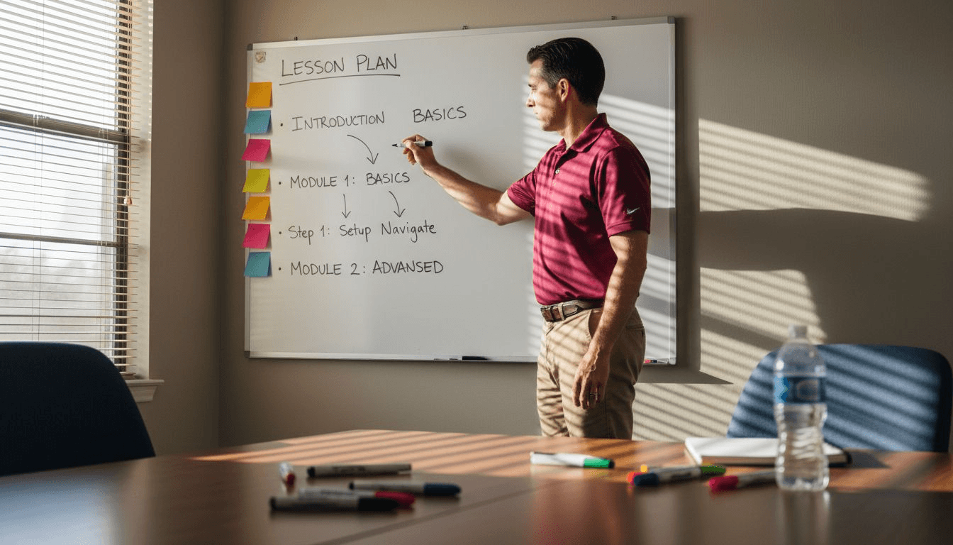Instructional designer planning course flow on whiteboard