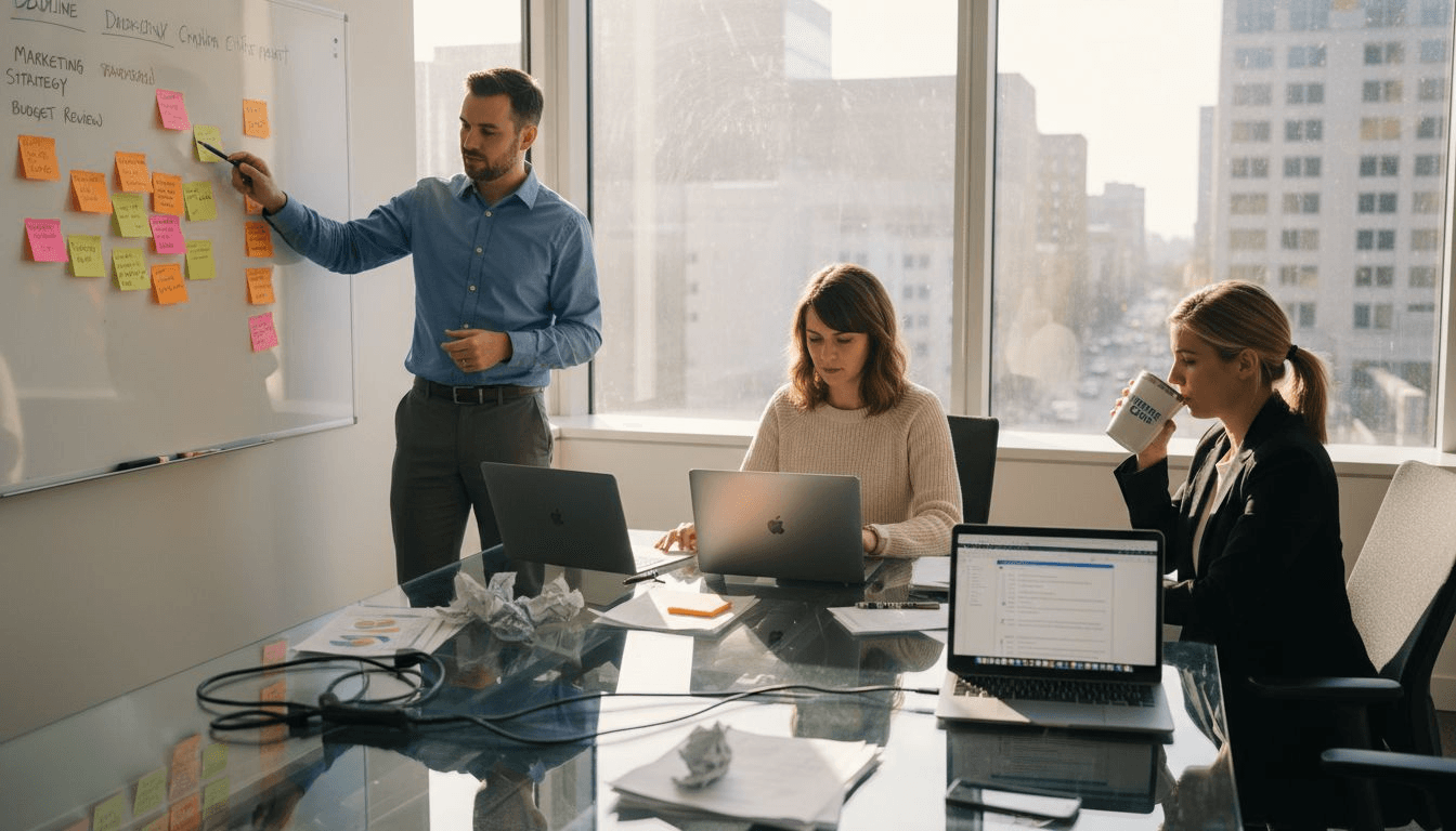 Coworkers collaborating with AI tools in office