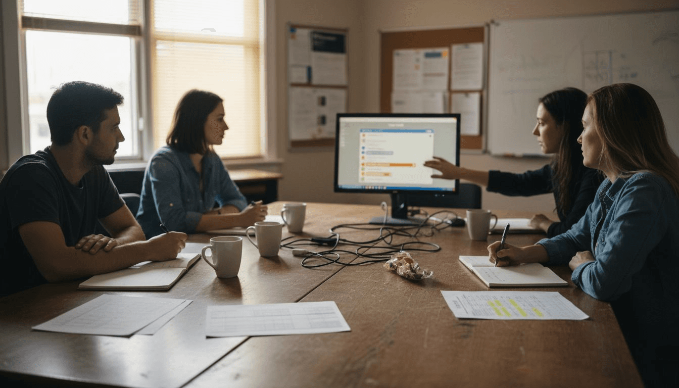Team discussion with AI assistant on monitor