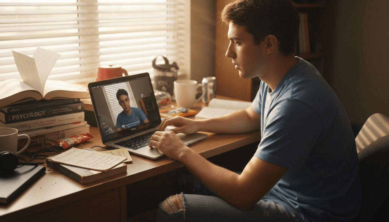 Student recording video at dorm desk