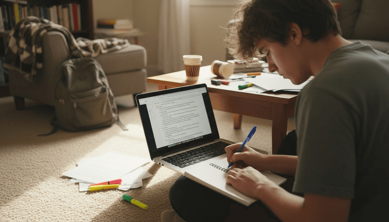 Student drafting script with notes and laptop