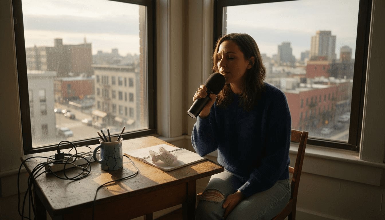 Woman recording speech in bright city office
