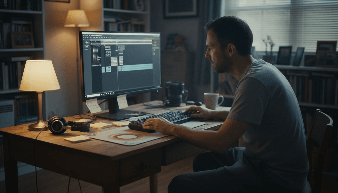 Man editing voice-based video at desk