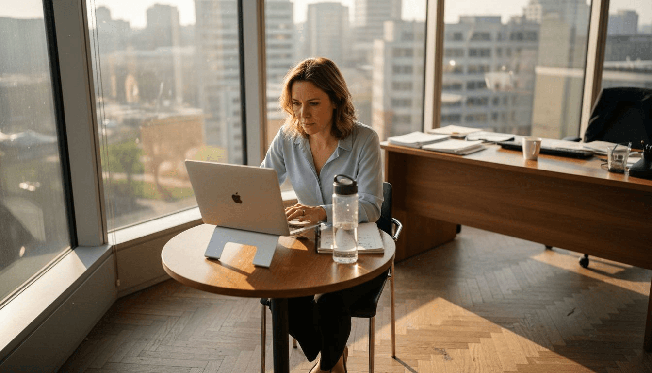 Woman recording feedback video in bright office