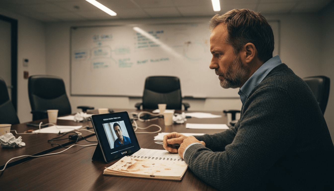 Man watching feedback video in meeting room